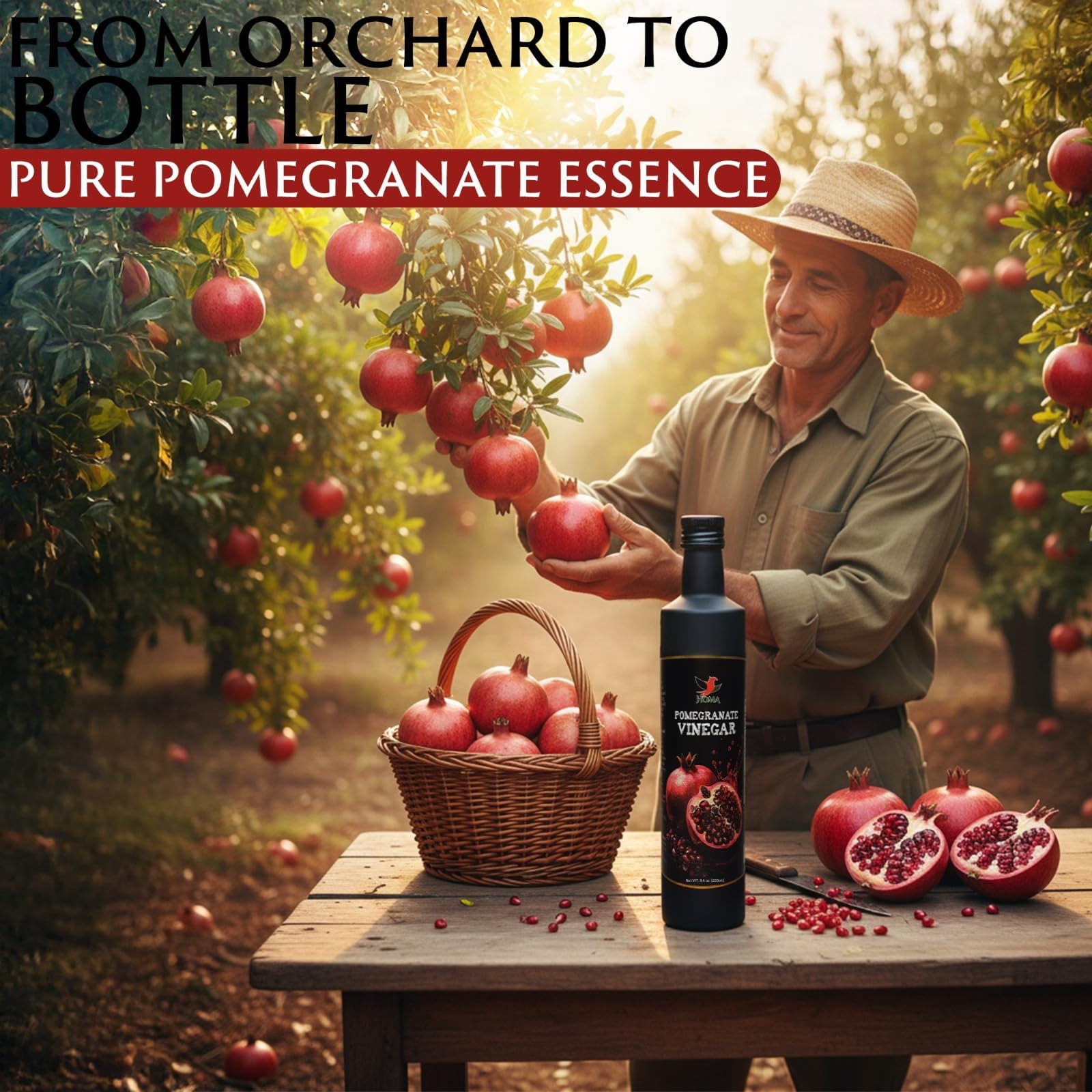 HOMA Pomegranate Vinegar - Gourmet Salad Vinegar for Cooking, Natural Tangy Culinary Flavor, Premium Glass Bottle, 8.4 Fl Oz (250ml), Inspired by Classic Balsamic vinegar