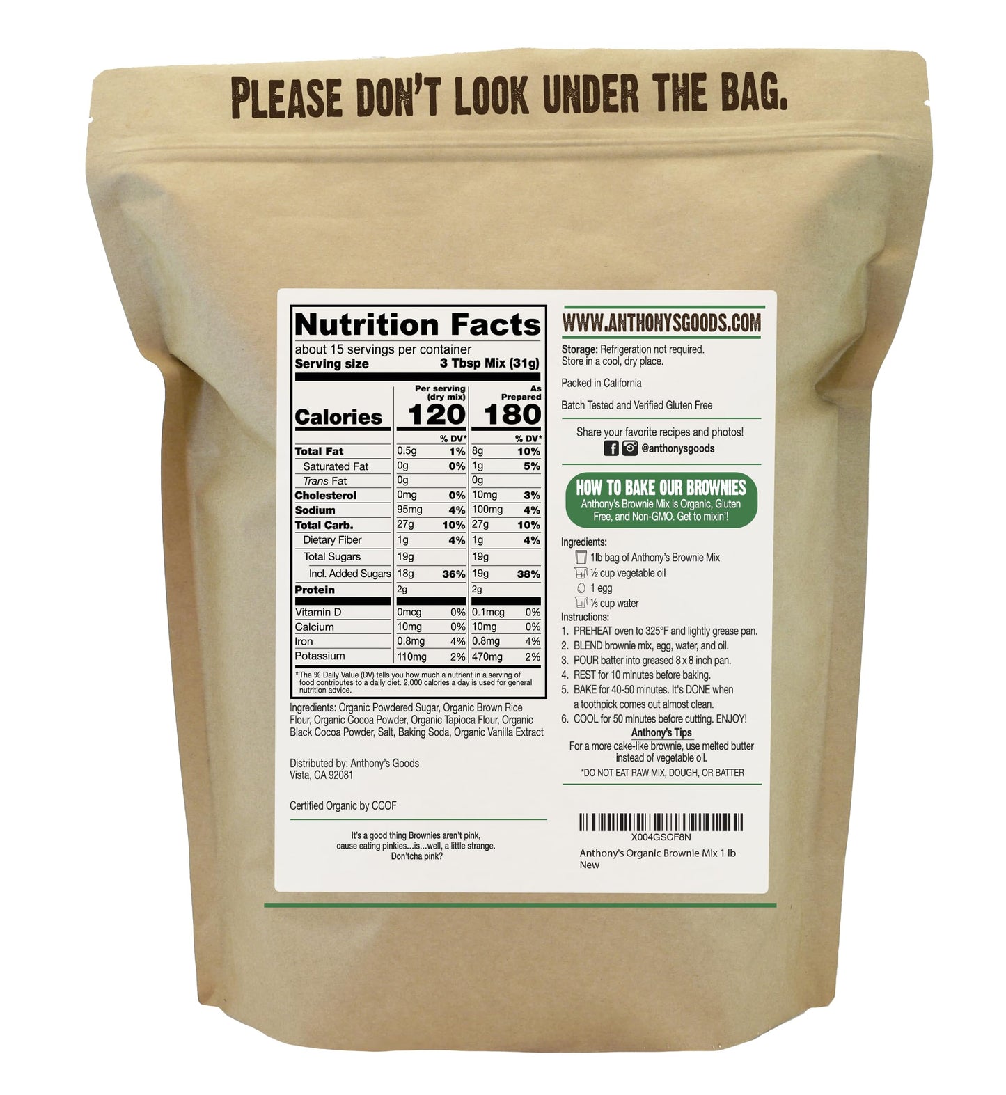 Anthony's Organic Brownie Mix,1 lb, Gluten Free, Dairy Free, Non GMO, Rich & Fudgy