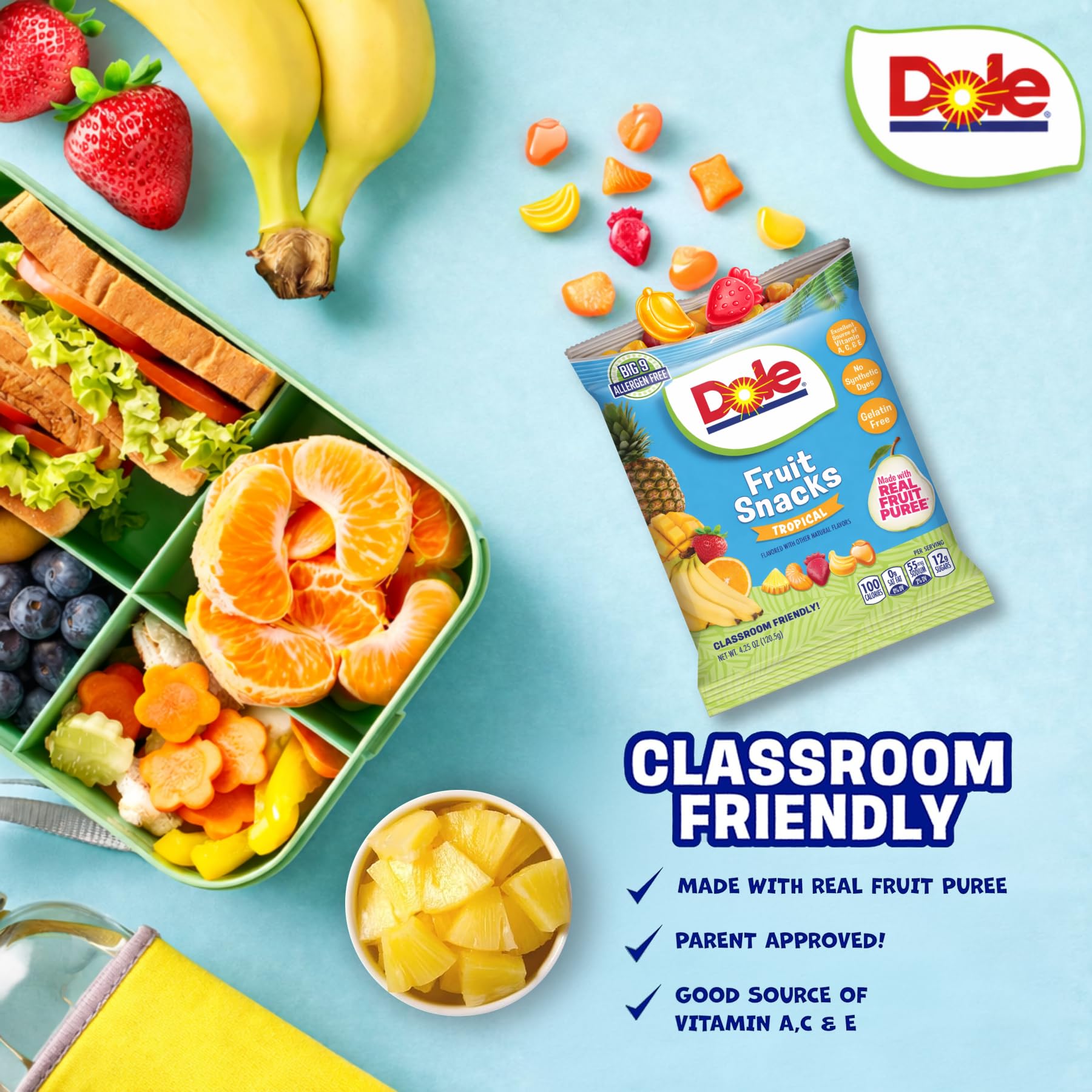 Dole Fruit Snacks, Tropical Flavors - Individually Wrapped Pouches - Classroom-Friendly, Top 9 Allergen Free, No Artificial Dyes, Natural Fruit Purée