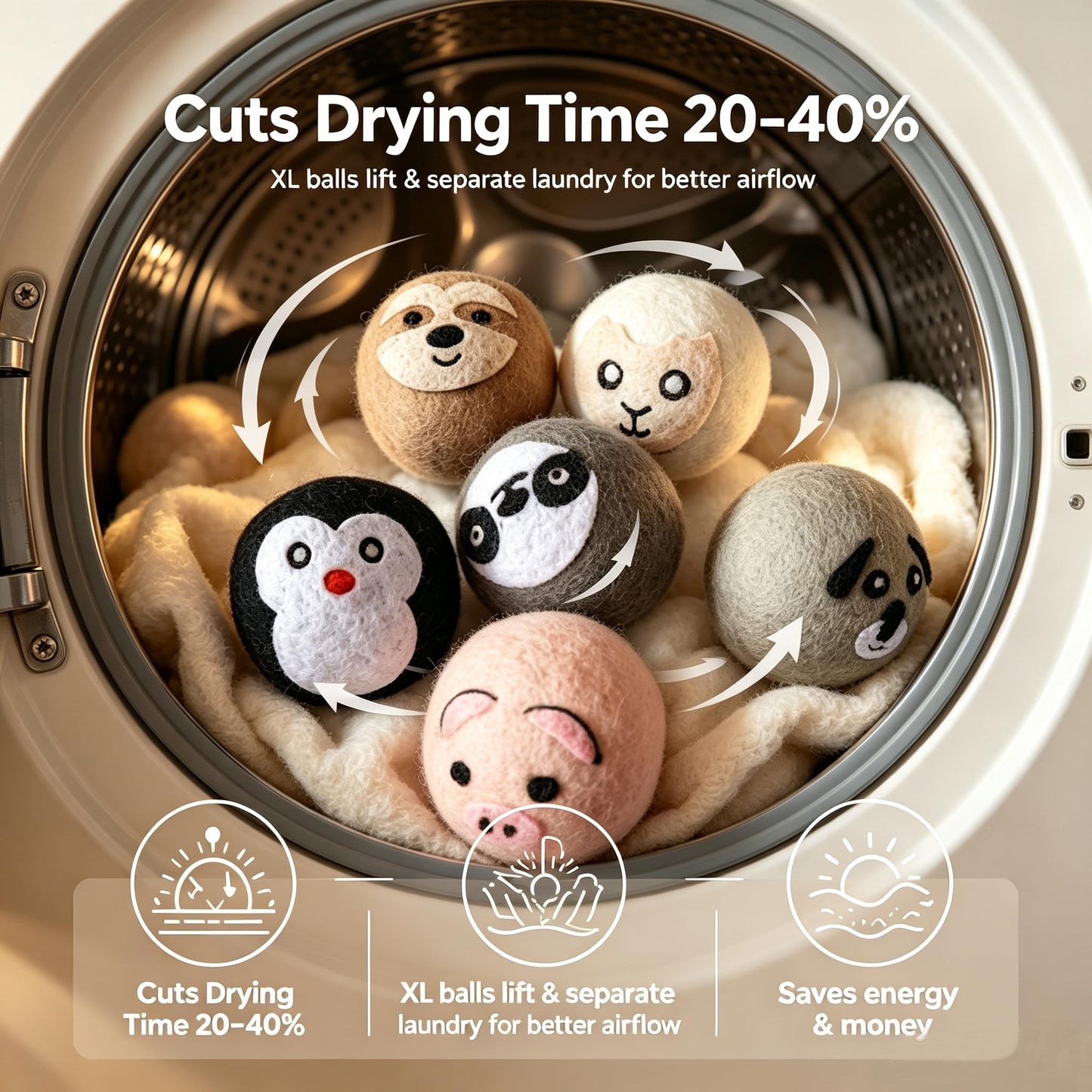 YWXWY Cute Pattern Wool Dryer Balls 6-Pack XL - 100% Organic New Zealand Wool, Natural Fabric Softener & Static Reducer, Reusable Laundry Balls