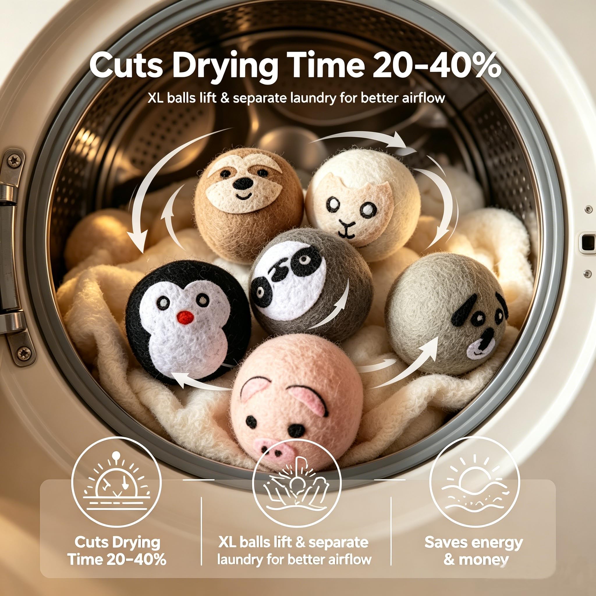 YWXWY Cute Pattern Wool Dryer Balls 6-Pack XL - 100% Organic New Zealand Wool, Natural Fabric Softener & Static Reducer, Reusable Laundry Balls