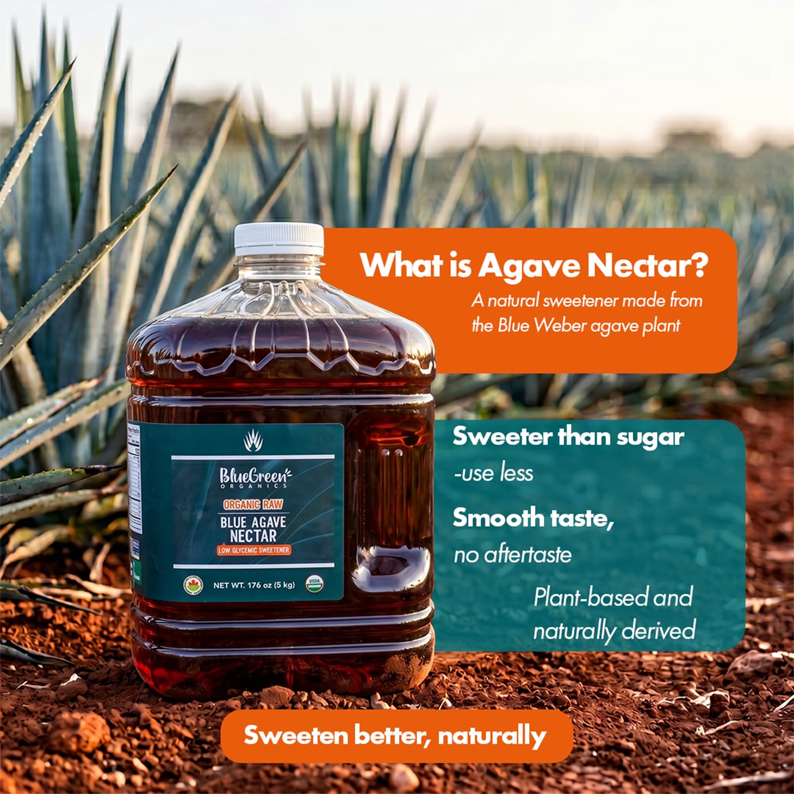 BLUE GREEN ORGANICS Raw Blue Agave Syrup - 176 oz Bulk Size - Natural Low Glycemic Sweetener for Coffee, Baking & Cooking, Organic, Vegan, Non-GMO