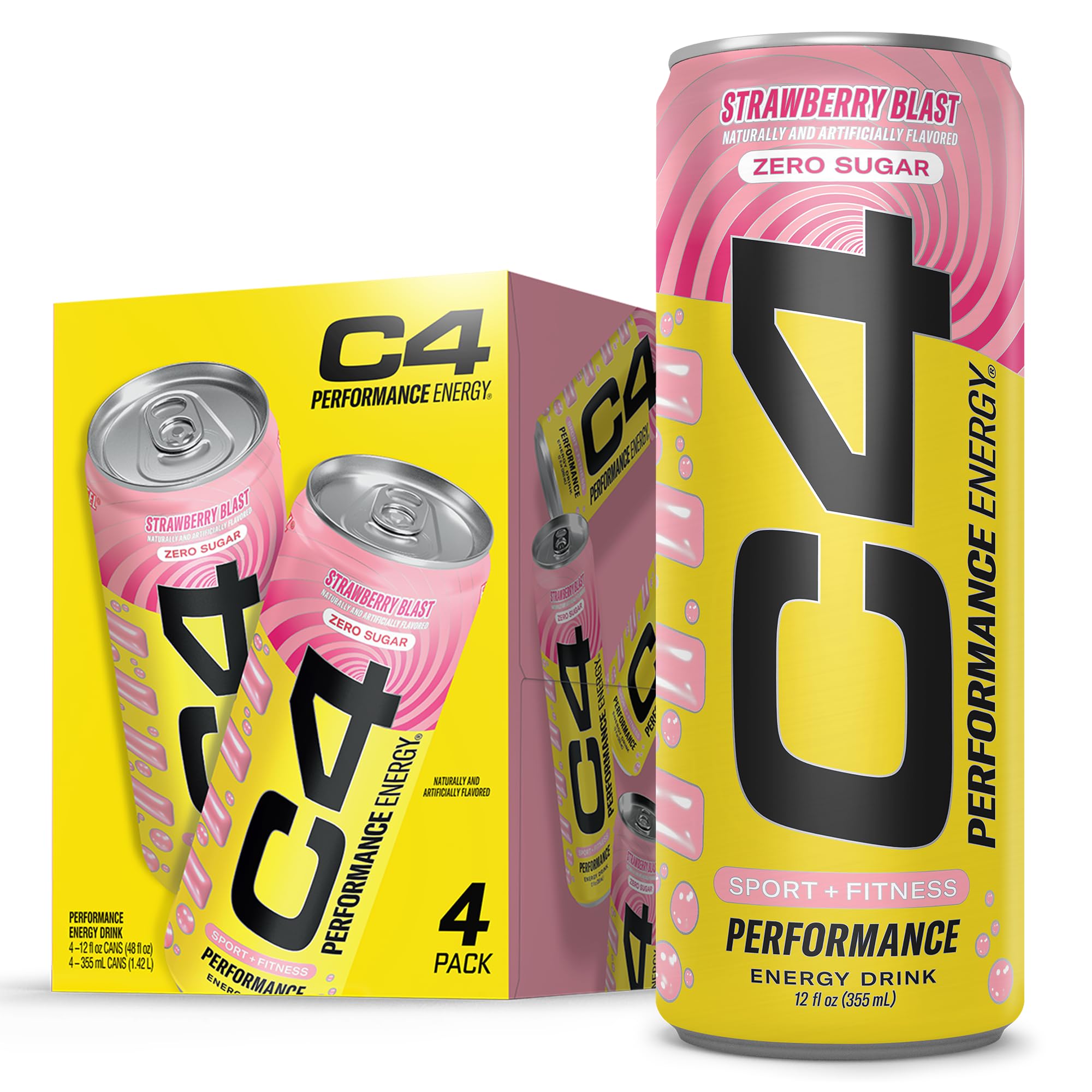C4 Performance Energy Drink with Zero Sugar, Strawberry Blast, 4pk