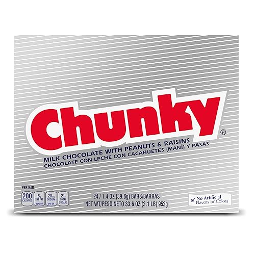Chunky, Bulk 24 Pack, Milk Chocolate with Peanuts and Raisins Individually Wrapped Candy Bars, 33.6 Oz