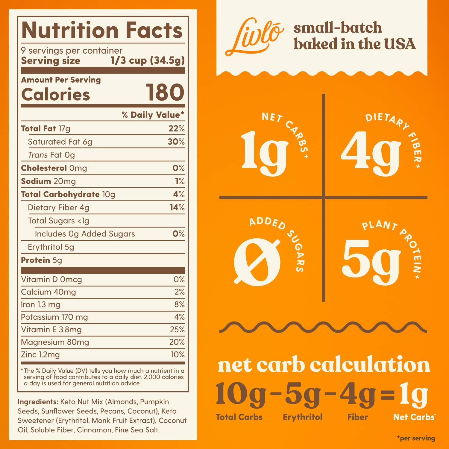 Livlo Keto Nut Granola Cereal - 1g Net Carbs - Grain Free & Gluten Free - Keto Friendly Low Carb Healthy Snack - Paleo & Diabetic Friendly Food