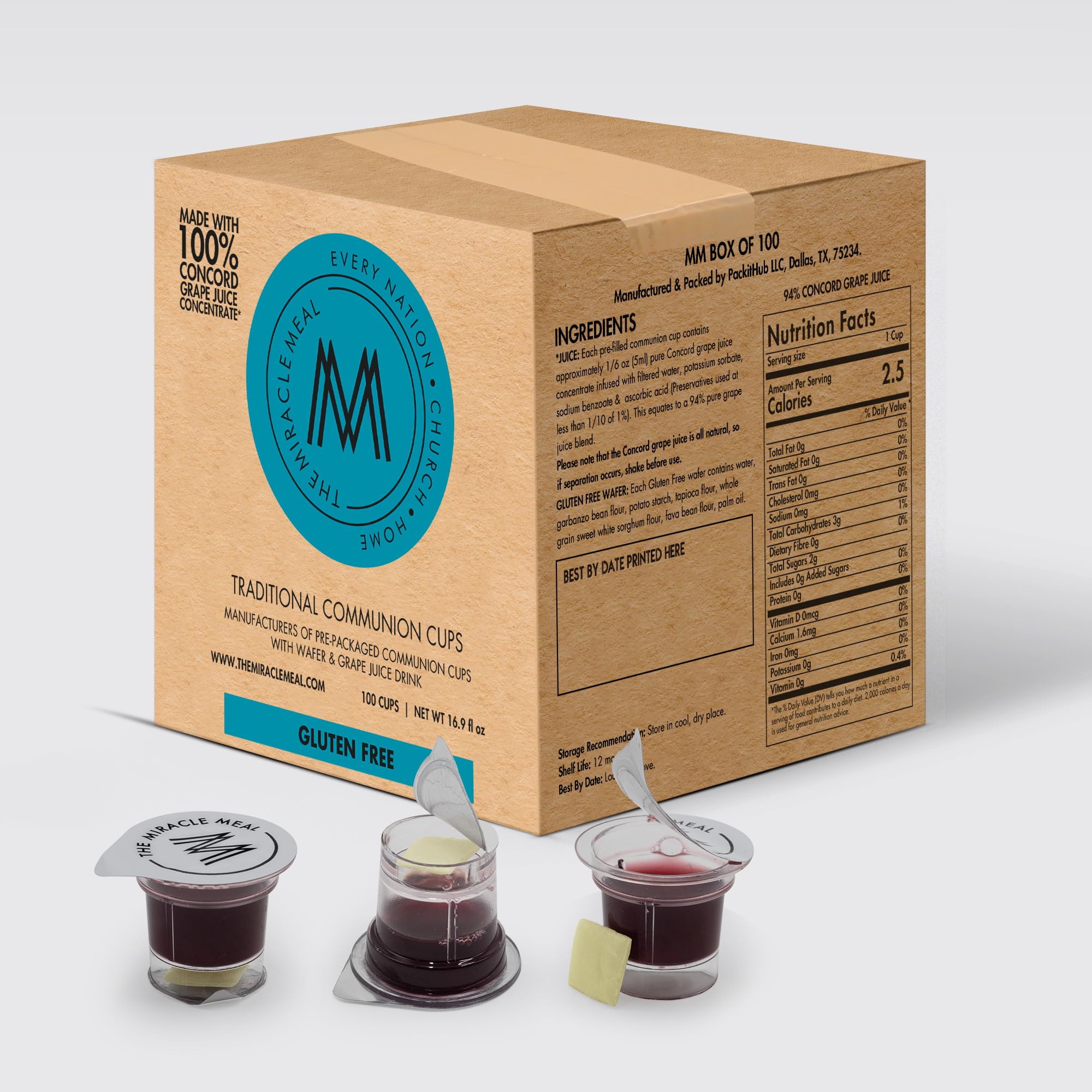 MM Pre Packaged Communion Plus Cups | Gulten free Box of 100 with juice and wafer | by The Miracle Meal