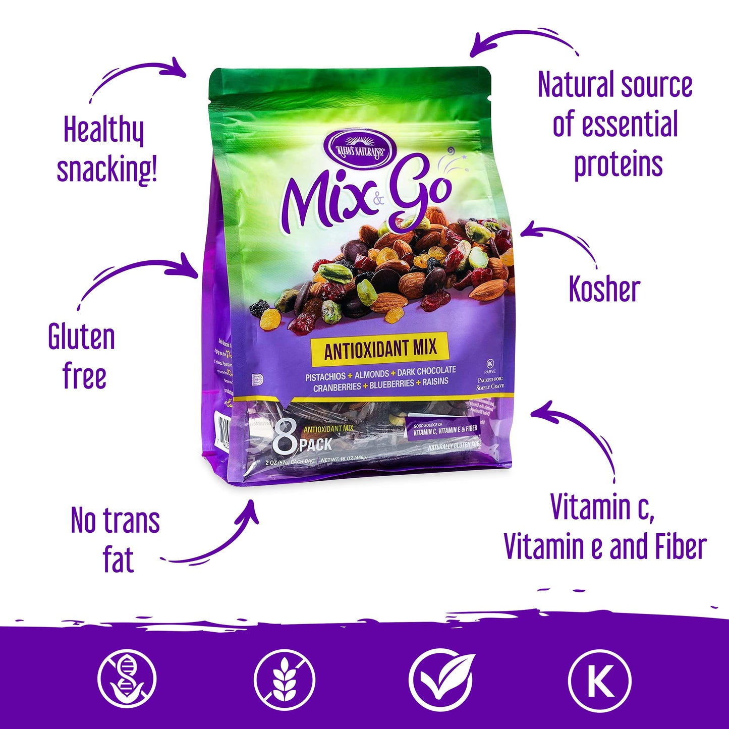 Mix and Go Single Serve Trail Mix Snack Packs, Healthy Snack Bag, Antioxidant Mix Fruit & Nut by Klein's Naturals, Contains 16 packs of 2 Ounce Bags