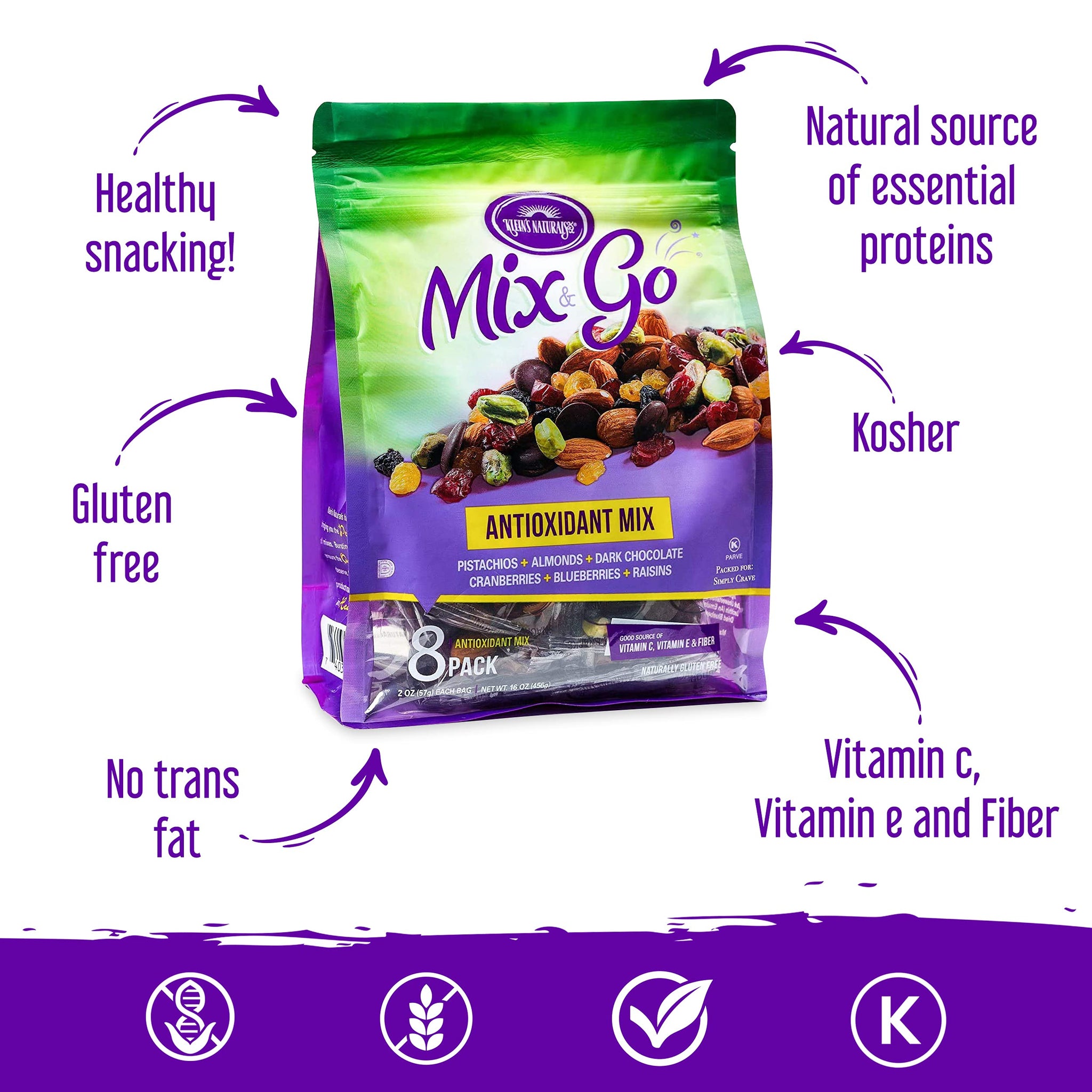 Mix and Go Single Serve Trail Mix Snack Packs, Healthy Snack Bag, Antioxidant Mix Fruit & Nut by Klein's Naturals, Contains 16 packs of 2 Ounce Bags
