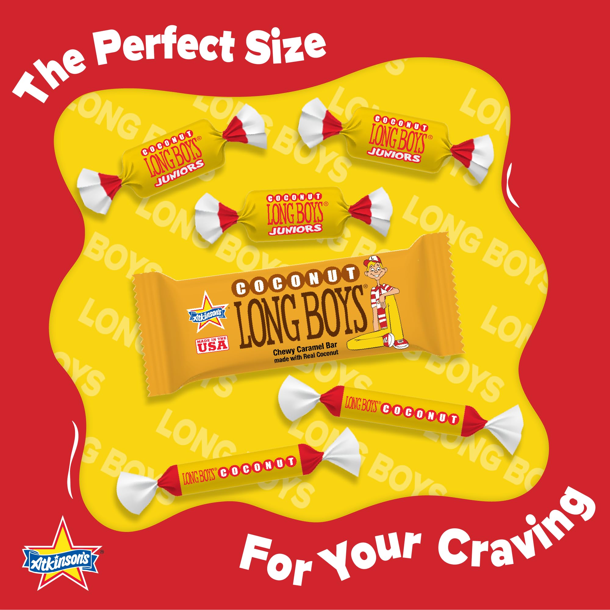 Atkinson's Long Boys Coconut - Creamy Caramels Infused with Real Coconut Flakes - Gluten Free, Kosher - 0.35 oz. Fun Size Candy - 130 Piece Tub