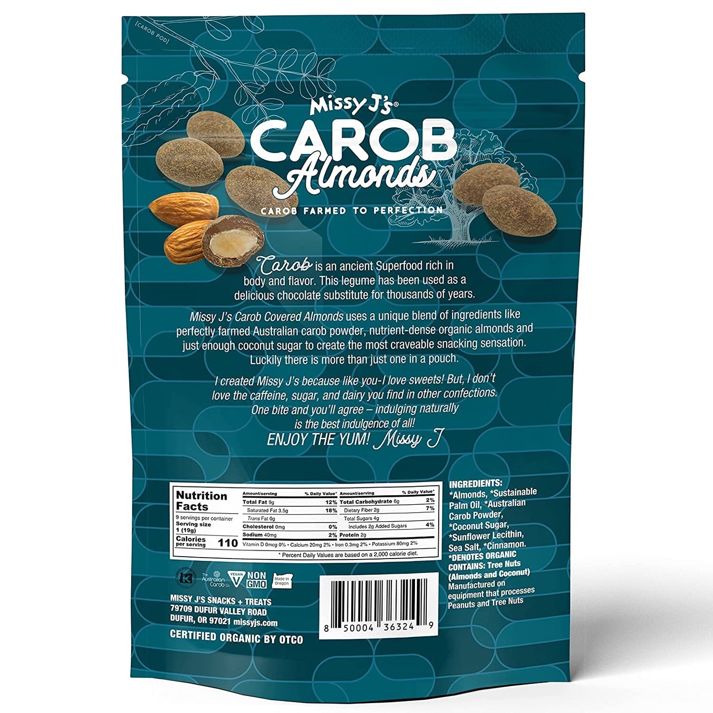 Missy J's Organic Carob Covered Almonds 6oz. | Carob Made w/Coconut Sugar, Vegan and Gluten-Free | Healthy Caffeine Free Substitute for Chocolate
