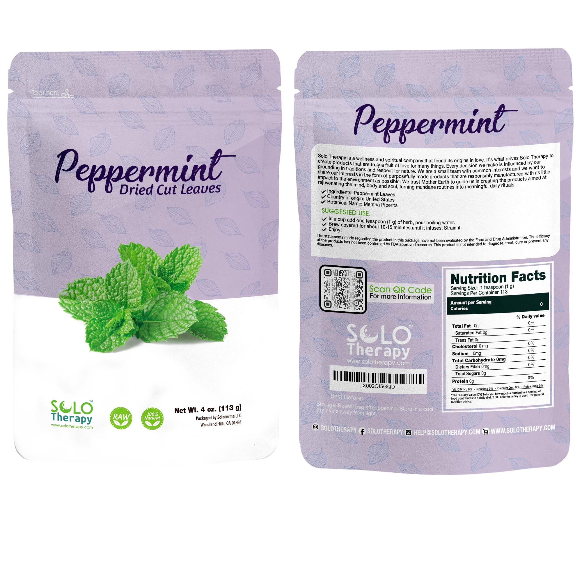 Peppermint Leaves 4 oz., Dried Cut Leaves, Tea, Mentha Piperita, Herbal Tea in Resealable Bag, Product From USA