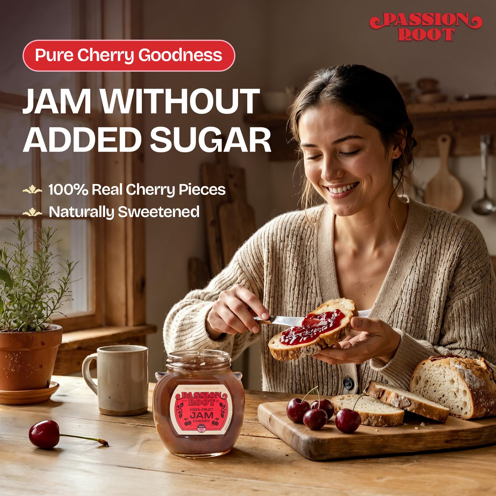 Passion Root Cherry Jam | All Natural Cherry Preserves with Real Fruit | No Added Sugar, No Preservatives, Non GMO, Gluten Free, Kosher Certified |
