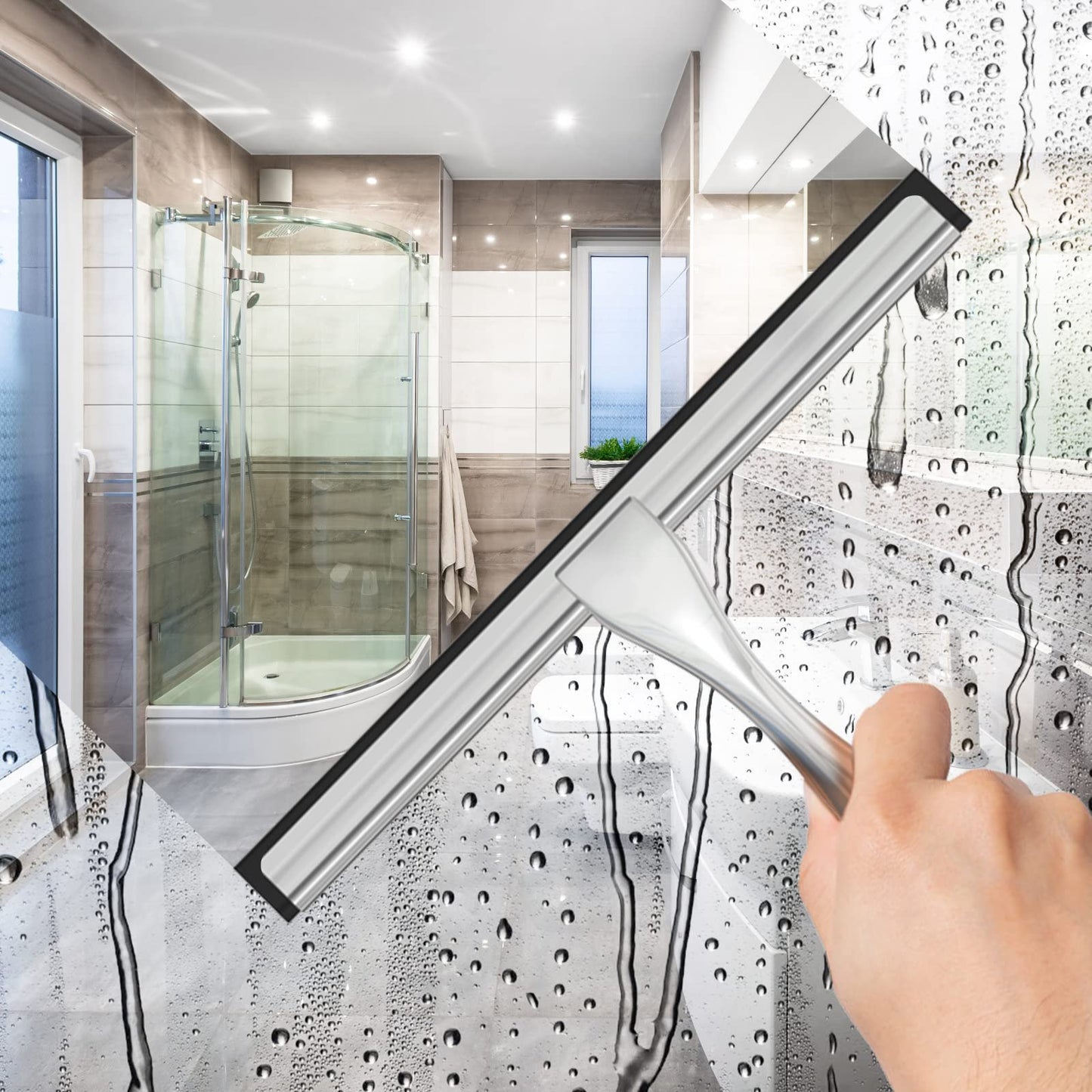 All-Purpose Stainless Steel Shower Squeegee for Shower Doors with 2 Adhesive Hooks, Bathroom Cleaner Tool Household Window Mirror Squeegee for Home