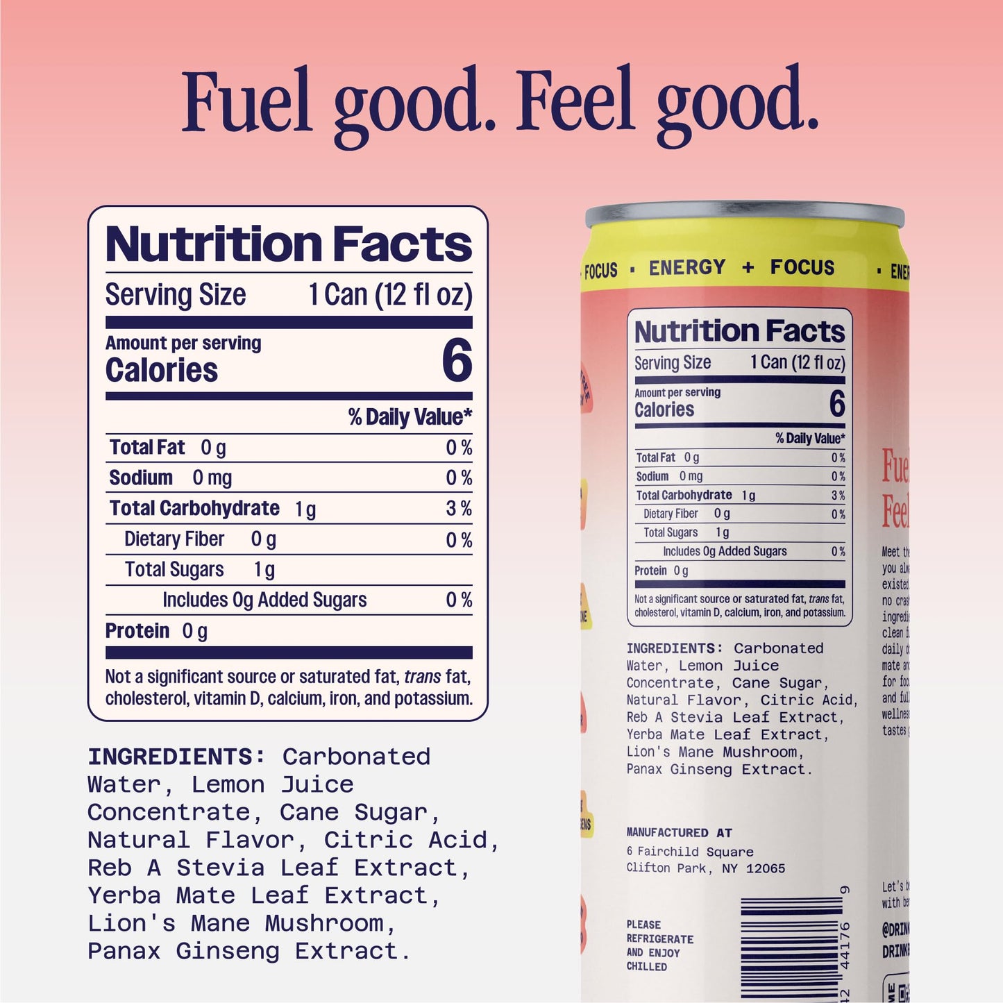 Benny Peach Lychee Sparkling Clean Energy Drink | 80mg Natural Caffeine Yerba Mate | Lion's Mane & Ginseng | 1g Sugar, 5 Calories | No Artificial
