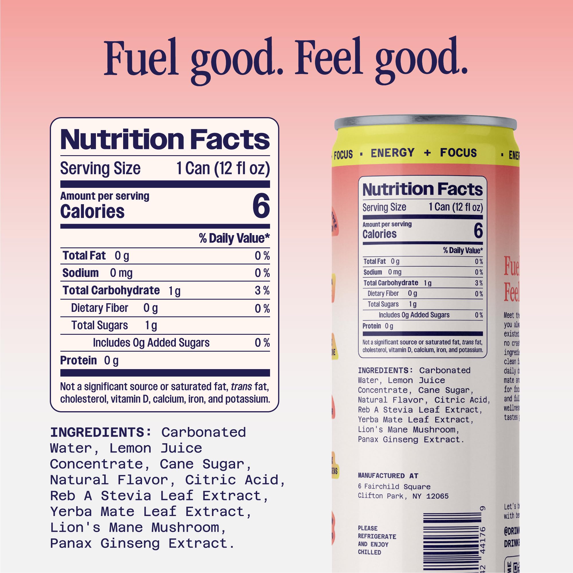 Benny Peach Lychee Sparkling Clean Energy Drink | 80mg Natural Caffeine Yerba Mate | Lion's Mane & Ginseng | 1g Sugar, 5 Calories | No Artificial