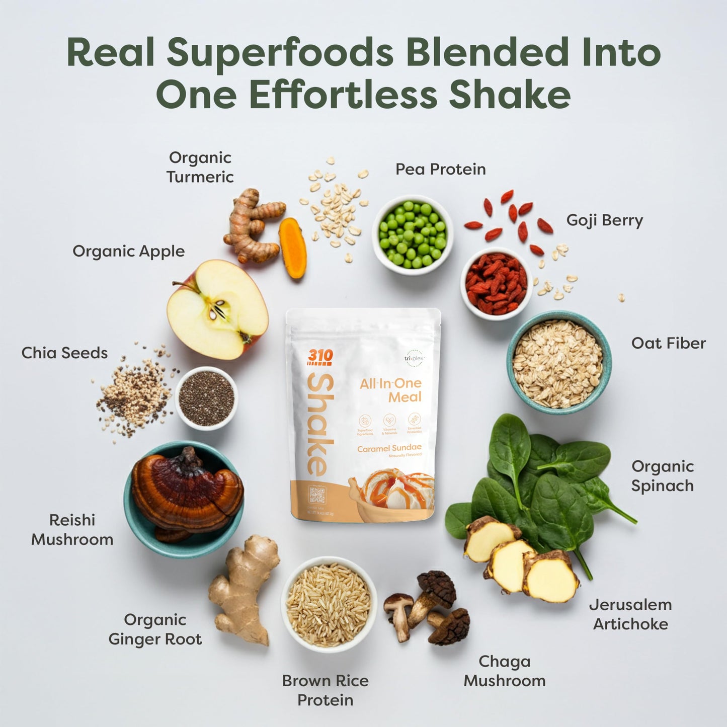 310 Nutrition All-In-One Meal Replacement Shake Powder - Plant-Based Protein Smoothie Blend w/High Fiber, Probiotics & Adaptogens - Low Carb, Vegan