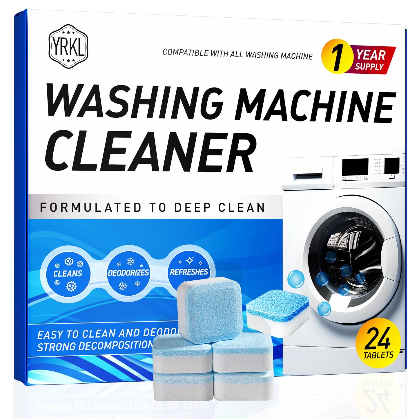 GymAora Washing Machine Cleaner Tablets - 24-Pack Deep Cleaning & Descaler for HE, Front Load & Top Load washer cleaner tablets, Septic-Safe, 12-Month