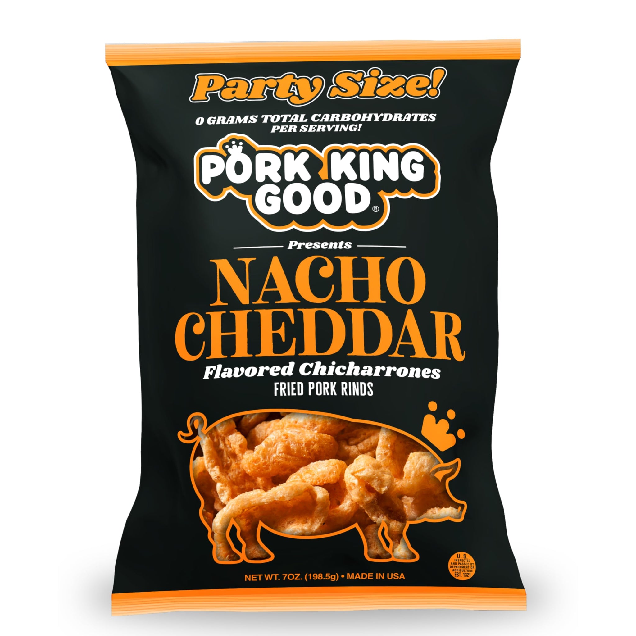 Pork King Good Nacho Cheddar Pork Rinds 7 OZ FAMILY SIZE (Chicharrones - Keto Snacks)