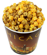 Signature Popcorn - Gourmet 1-Gallon Gold Chicago Skyline Reusable Plastic Bucket Tin, Perfect Duo (Cheddar Cheese & Caramel Popcorn Mix) - Holiday