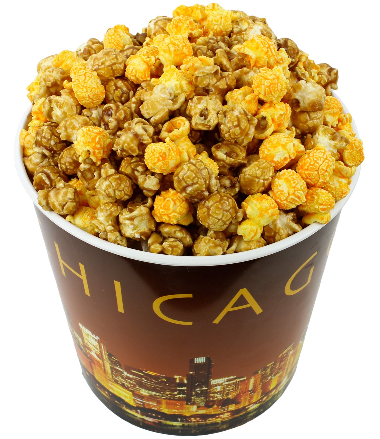 Signature Popcorn - Gourmet 1-Gallon Gold Chicago Skyline Reusable Plastic Bucket Tin, Perfect Duo (Cheddar Cheese & Caramel Popcorn Mix) - Holiday