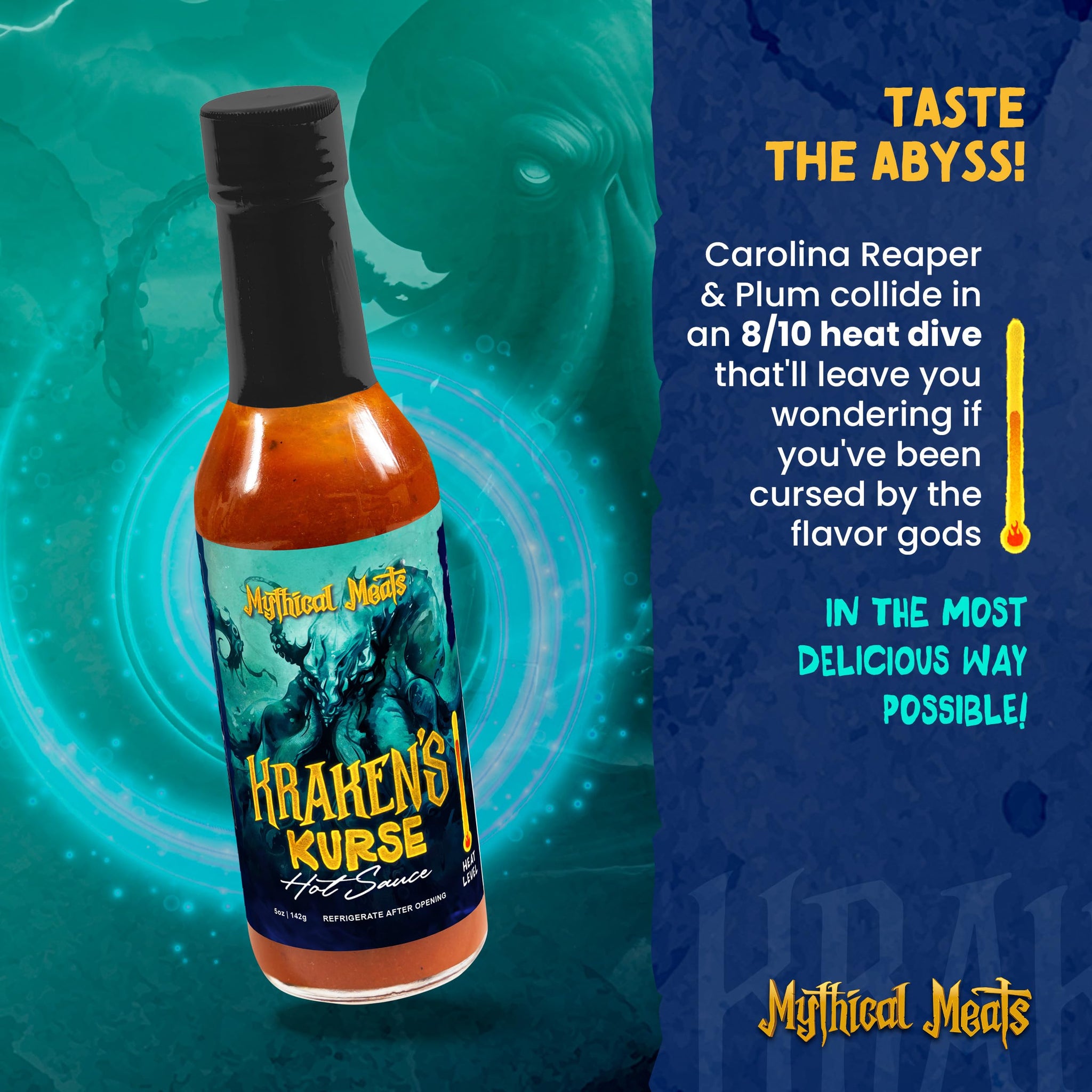 Mythical Meats Kraken's Kurse Hot Sauce - Carolina Reaper & Plum, Gluten Free, Non GMO, 8/10 Heat