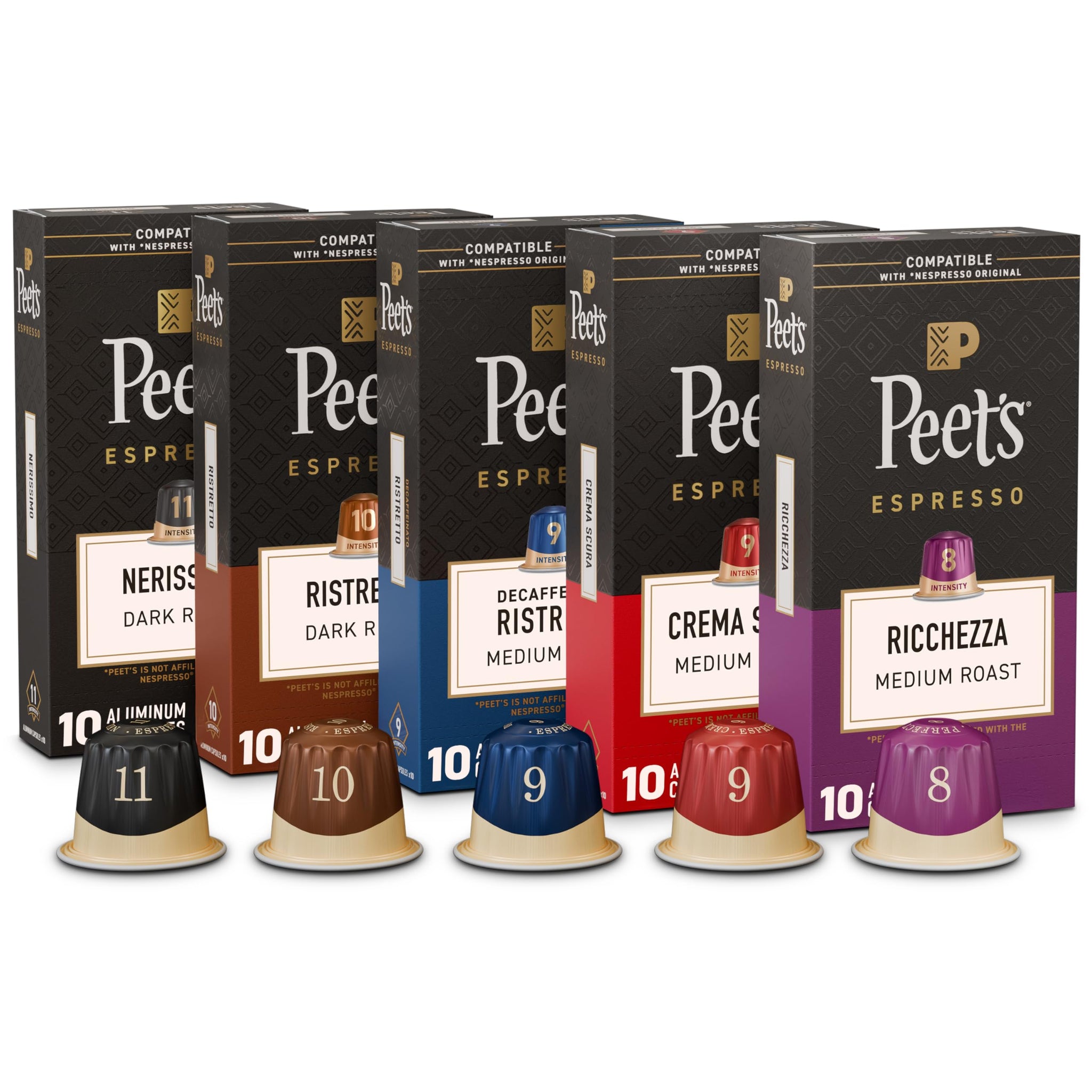 Peet's Coffee, Dark and Medium Roast Espresso Capsules Variety Pack with Decaf, Compatible with Nespresso Original Machine, Arabica Coffee - Intensity