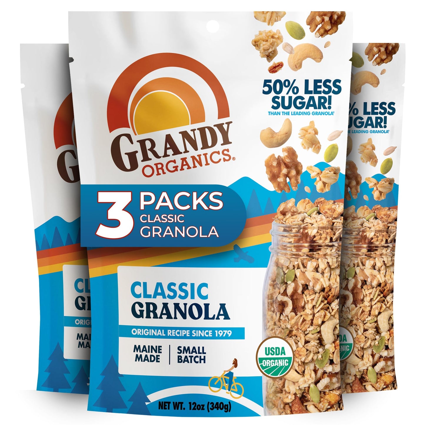 Grandy Organics Classic Granola - Certified Organic & Low Sugar Granola - 8g Protein - Non GMO & Dairy Free - Oats, Pumpkin Seeds, Cashews & Walnuts