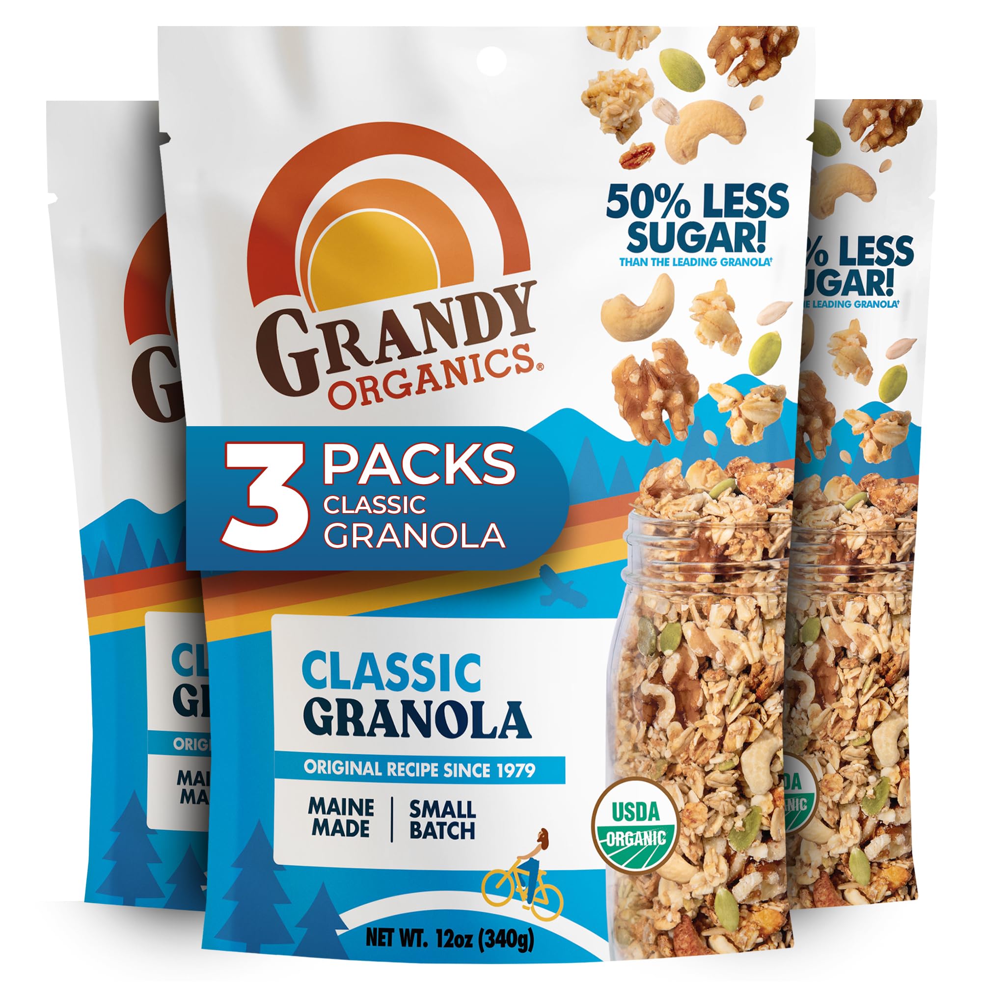 Grandy Organics Classic Granola - Certified Organic & Low Sugar Granola - 8g Protein - Non GMO & Dairy Free - Oats, Pumpkin Seeds, Cashews & Walnuts
