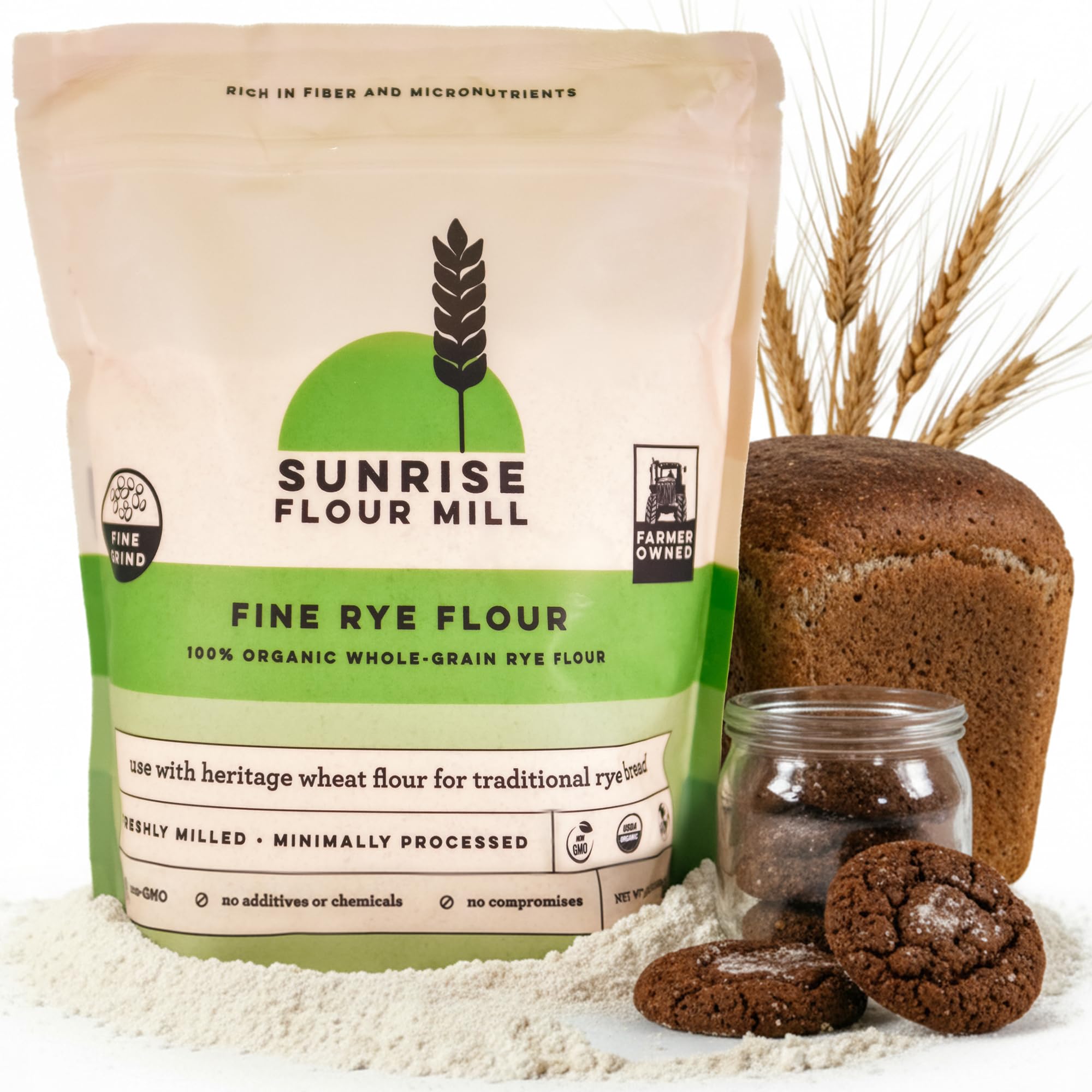 Sunrise Flour Mill Organic Fine Rye Flour | 2 LB | Rye Flour Organic | Whole Grain Bread Flour for Sourdough | No Artificial Ingredients |