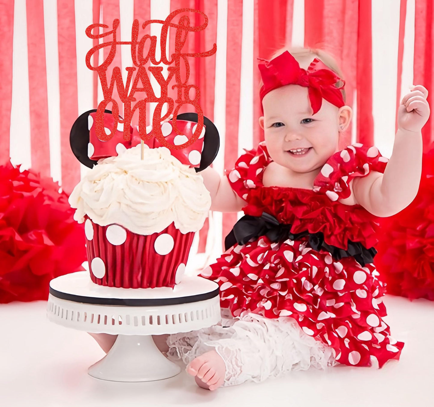 AHAORAY Half Way To One Cake Topper - Red Glitter 6 Months Birthday Decorations Supplies - Half Birthday Decorations Baby Girl, for Baby Shower/Gender