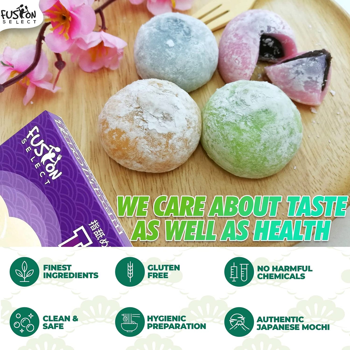 Japanese Mochi 8 Variety Pack: Boba Milk Tea, Taro, Sesame, Hamimelon, Lychee, Green Tea, Peanut & Red Bean in Fusion Select Gift Box