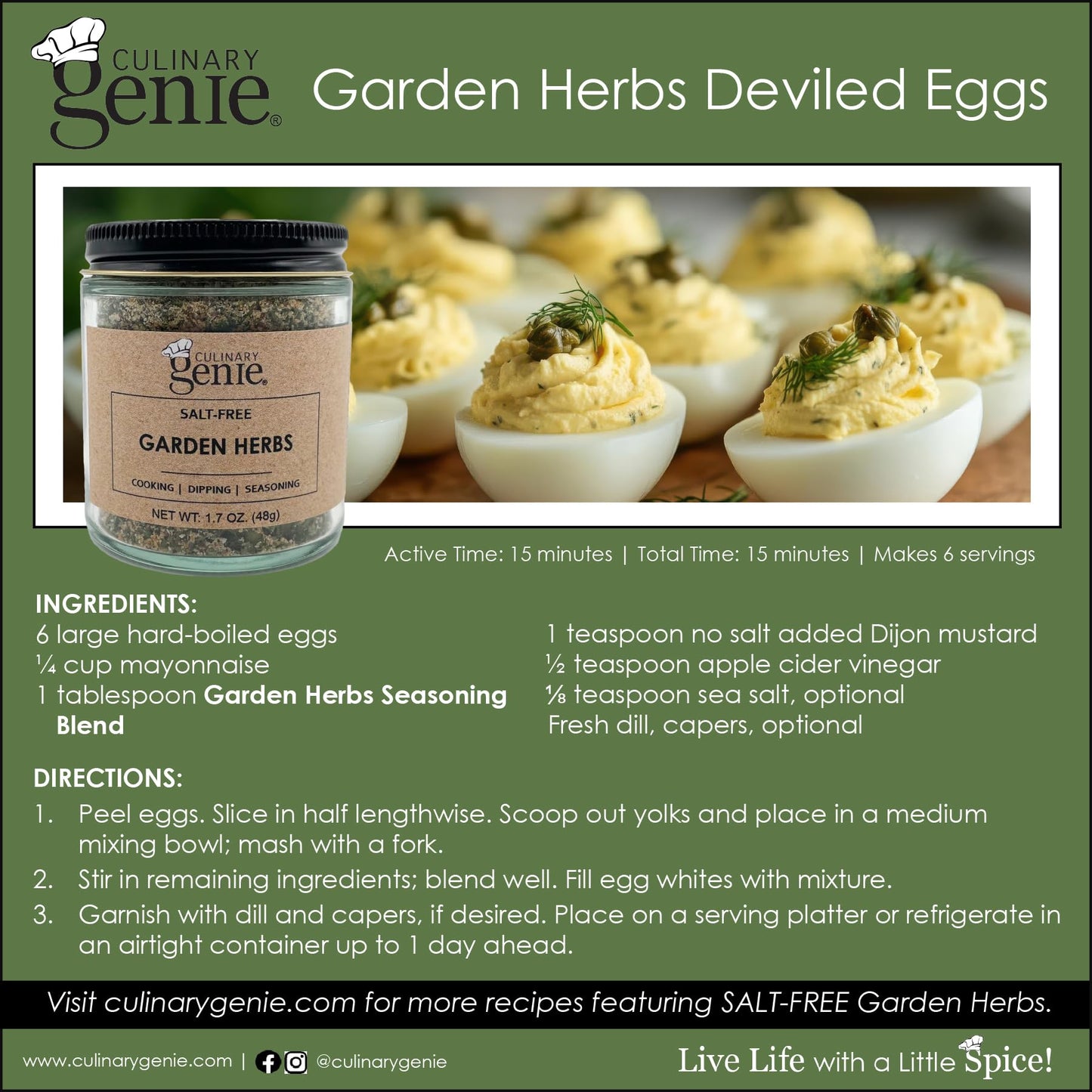 Culinary Genie Salt-Free Garden Herbs Seasoning Blend - Ranch Style Dip & Dressing Mix, Dairy-Free, No Salt Added