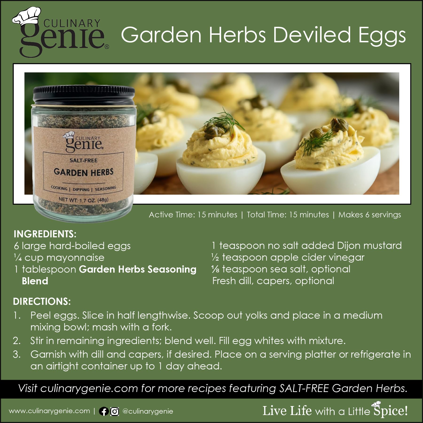 Culinary Genie Salt-Free Garden Herbs Seasoning Blend - Ranch Style Dip & Dressing Mix, Dairy-Free, No Salt Added