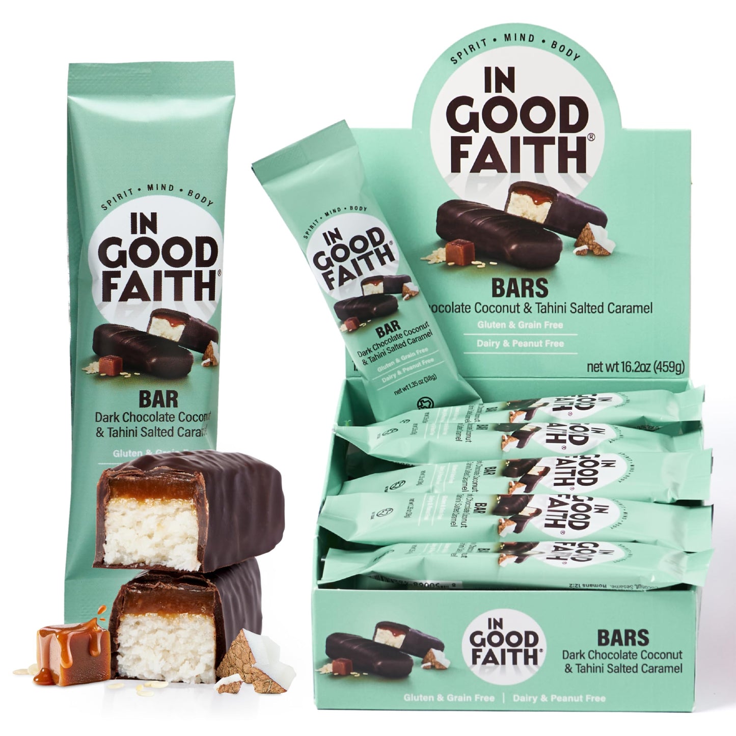 In Good Faith Dark Chocolate Coconut & Salted Caramel Bars, Healthy, Gluten Free, Vegan, Dairy Free Chocolate Bars (12 pack)