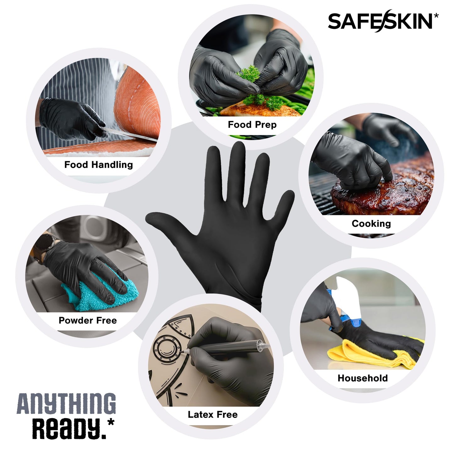 SAFESKIN Ultralight Disposable Nitrile Gloves - 2.0 Mil, Black, Large, 100 Count - Powder Free, Latex Free, All Purpose, Food Prep, Cooking, General