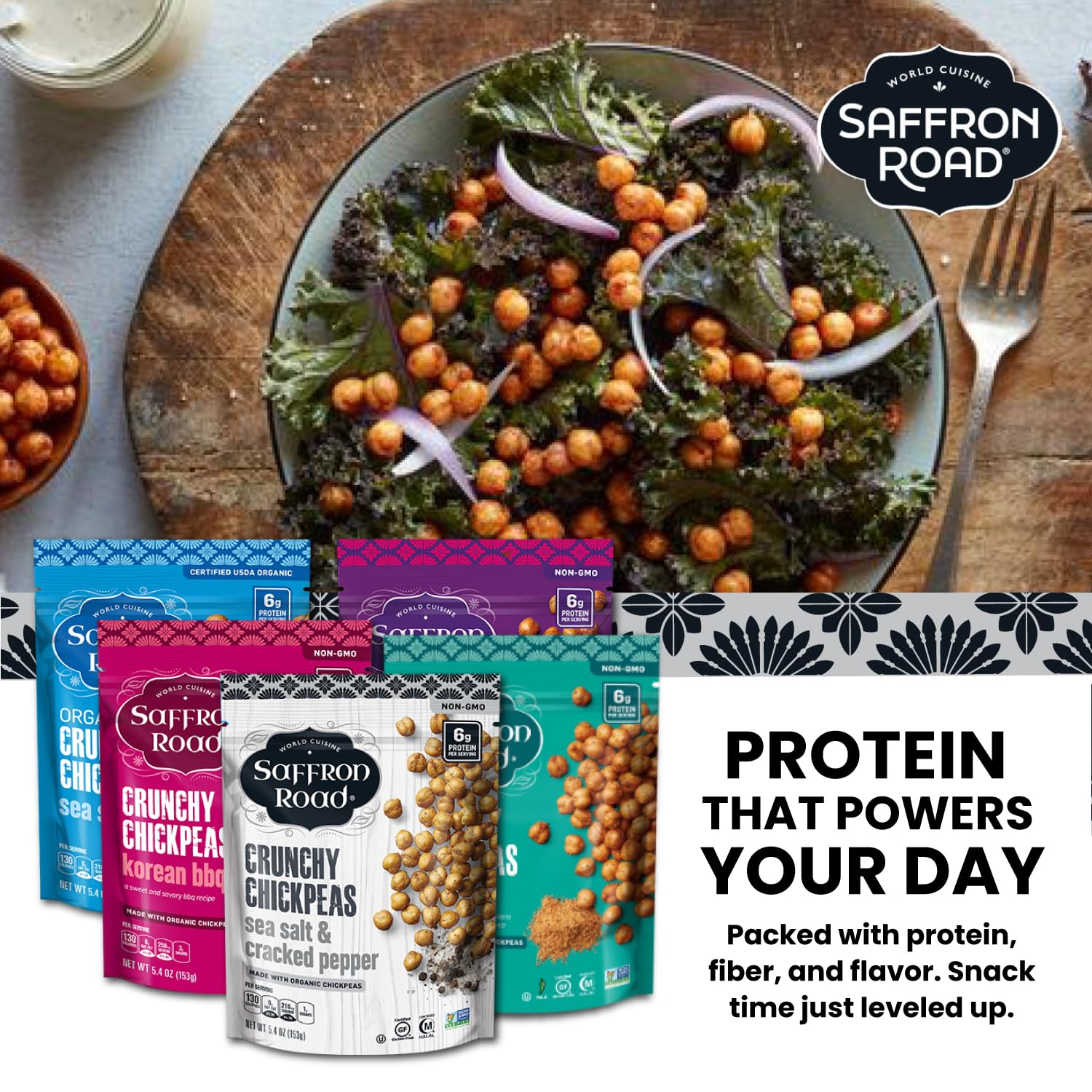 Saffron Road Crunchy Bombay Spice, Korean BBQ, Sea Salt & Cracked Pepper Roasted Chickpeas | High Protein Snacks | Sugar and Gluten-free | Vegan High