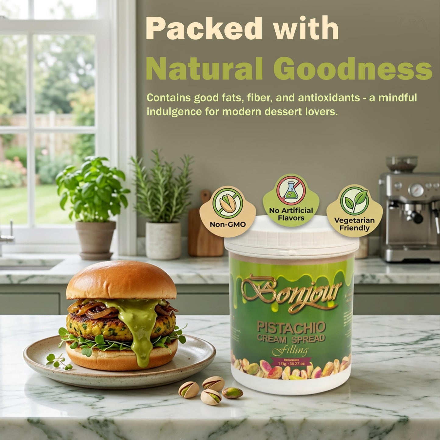 Bonjour Pistachio Cream for Dubai Chocolate, Filling, Topping & Bread - Non-GMO, No Palm Oil - Premium Smooth 1kg Bulk Jar Pistachio Butter Spread