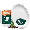 100% Compostable Paper Plates, Heavy Duty Disposable Plates [125-Pack] 9 Inch Plates - Eco-Friendly, Biodegradable Sugarcane Bagasse, Natural White 9"