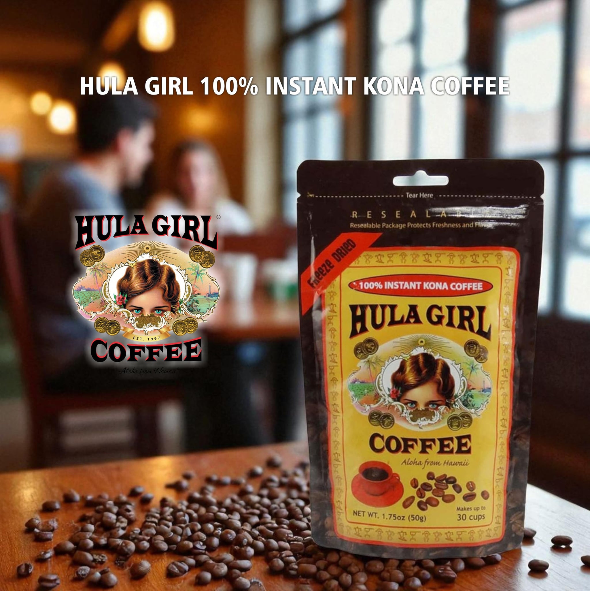 KONA COFFEE 100% - Premium Freeze Dried Instant - Low Acid - Medium Roast Arabica, 1.5oz (1 Pack | 25 Servings) KONA COFFEE 100% - Low Acid Coffee