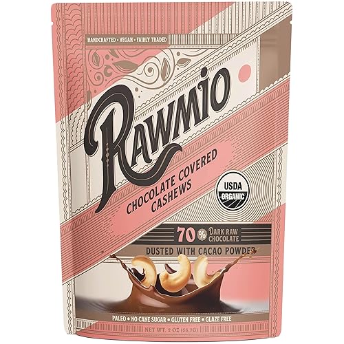 Rawmio Chocolate Covered Cashews - Organic, Raw, Vegan, 70% Dark Chocolate, 2 Packs, 2 oz.