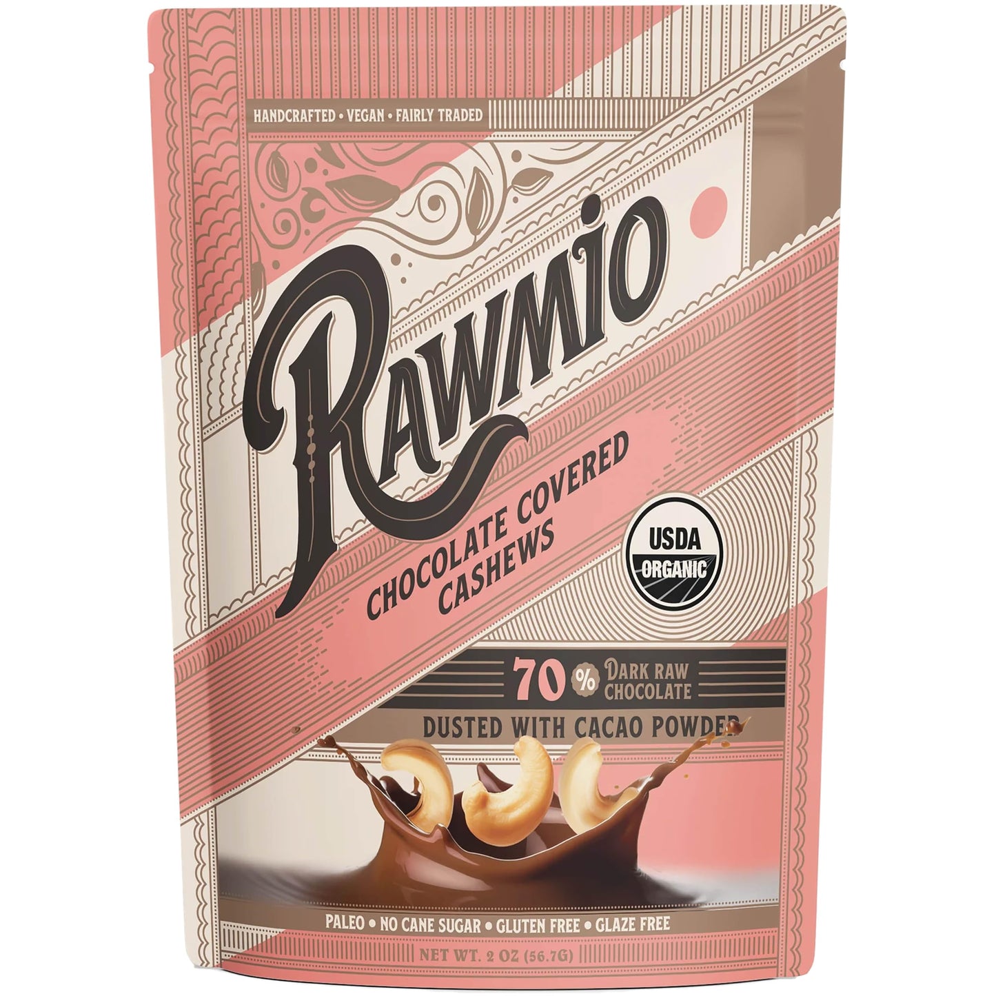 Rawmio Chocolate Covered Cashews - Organic, Raw, Vegan, 70% Dark Chocolate, 2 Packs, 2 oz.
