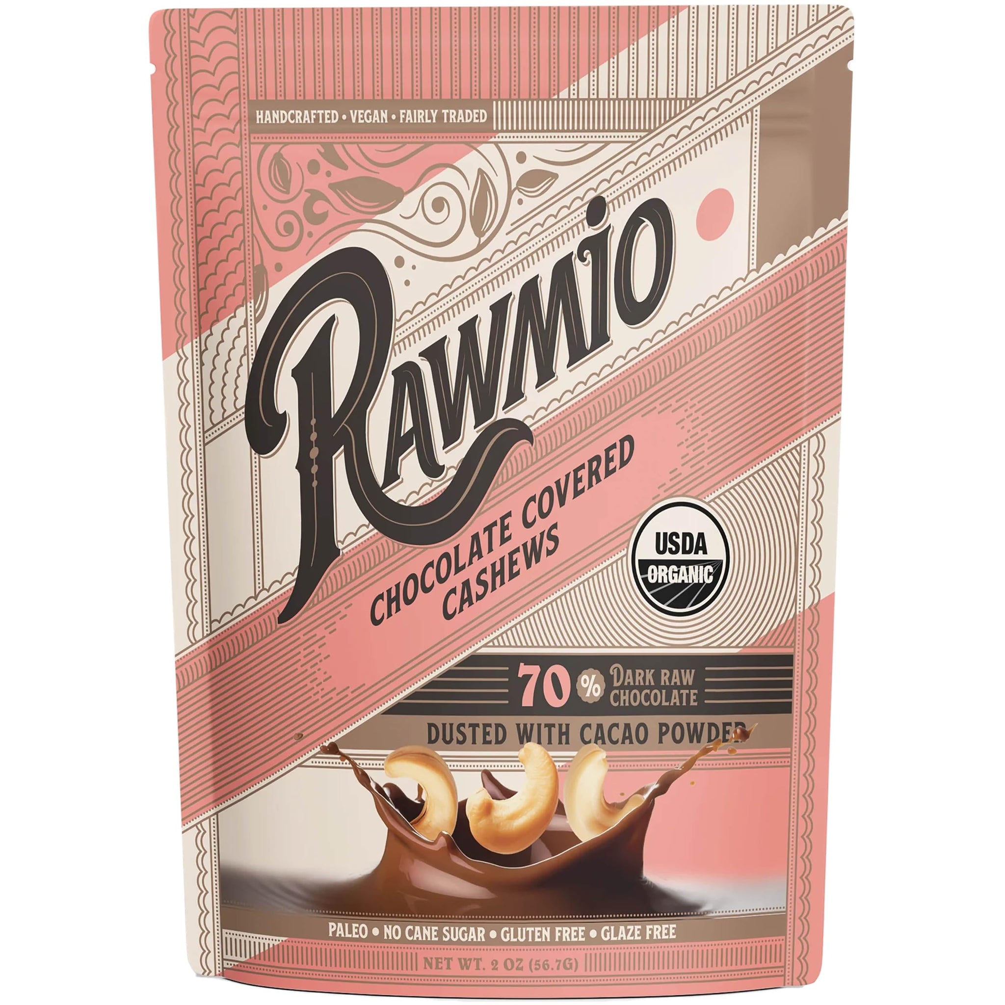 Rawmio Chocolate Covered Cashews - Organic, Raw, Vegan, 70% Dark Chocolate, 3 Packs, 2 oz.