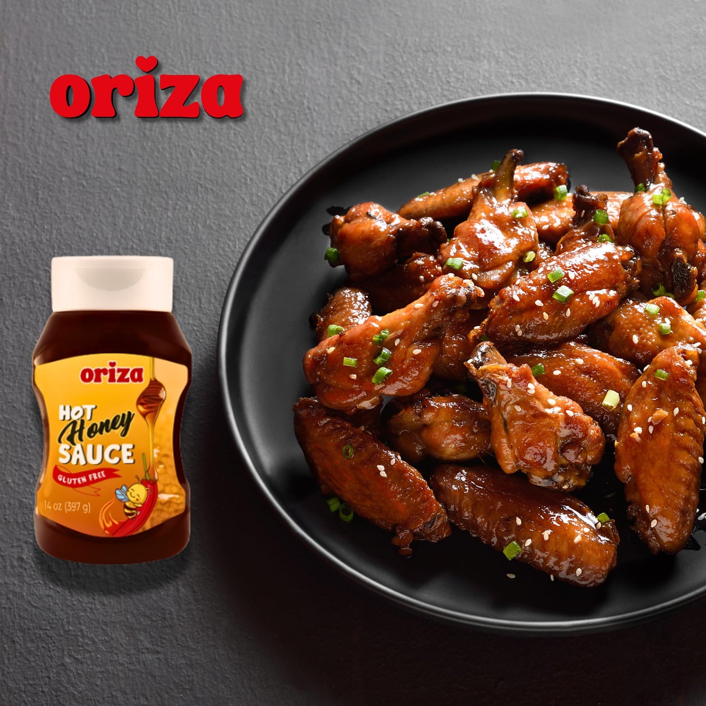 Oriza Hot Honey Sauce 14oz - Sweet and Spicy Honey Infused with Chili Peppers - Perfect for Pizza, Chicken, and BBQ