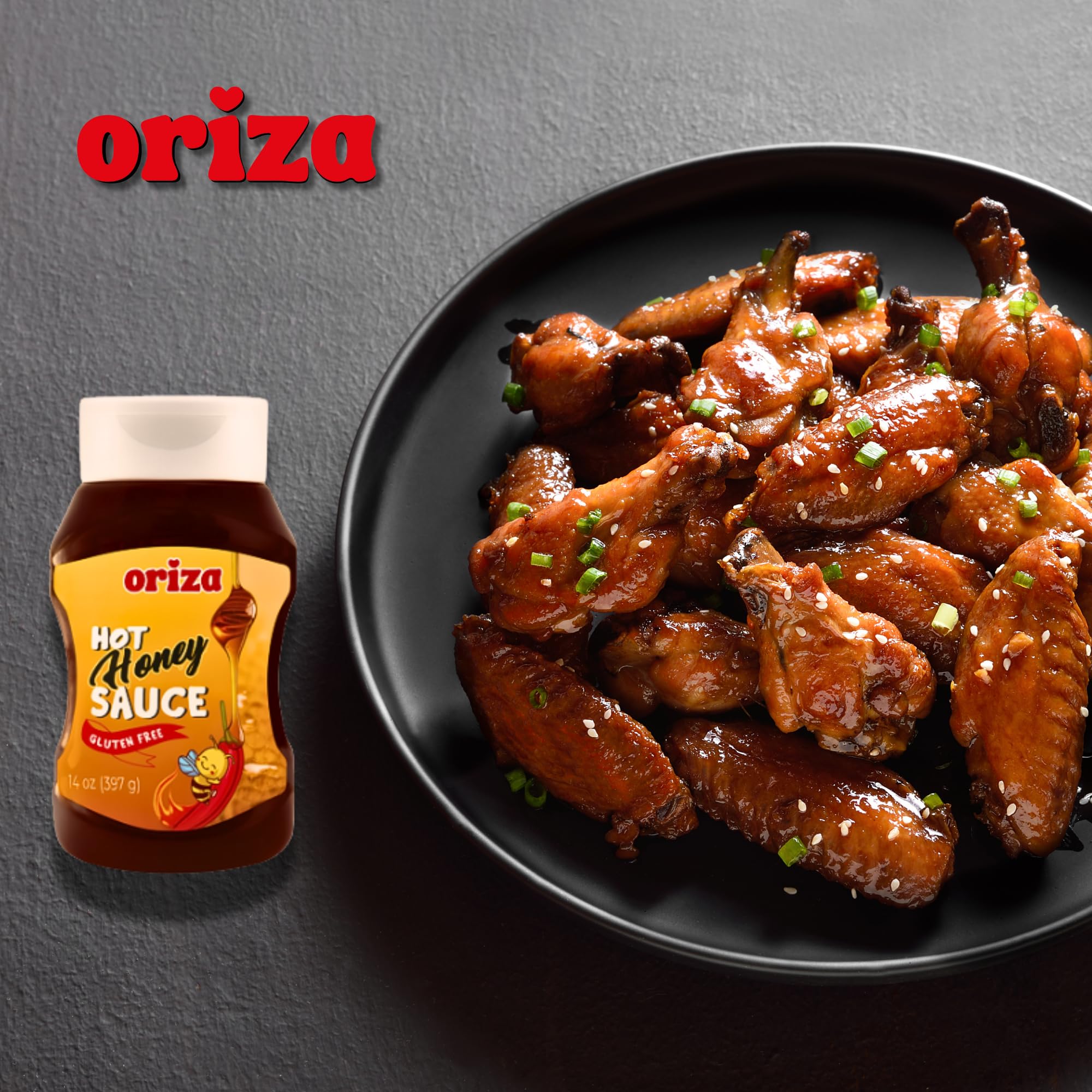 Oriza Hot Honey Sauce 14oz - Sweet and Spicy Honey Infused with Chili Peppers - Perfect for Pizza, Chicken, and BBQ