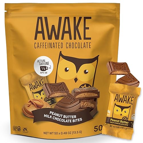 AWAKE - Caffeinated Chocolate Bites - Peanut Butter Milk Chocolate, 50 Bites - 50mg Caffeine - Wrapped Energy Bites - Coffee Alternative - Fairtrade