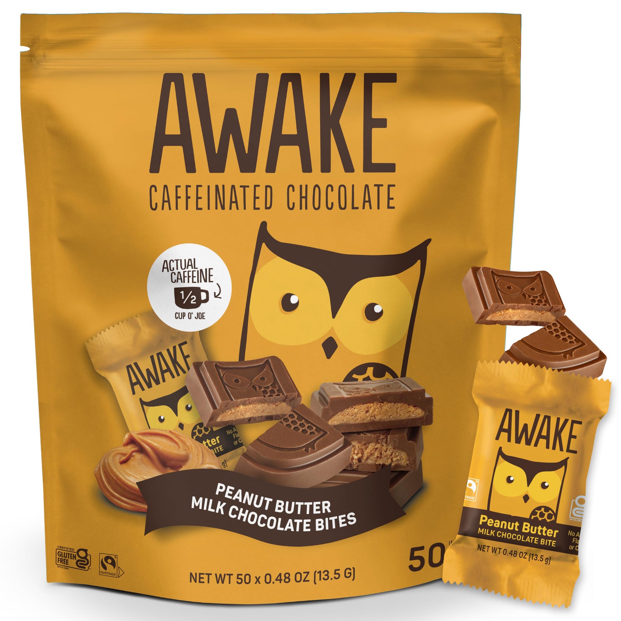 AWAKE - Caffeinated Chocolate Bites - Peanut Butter Milk Chocolate, 50 Bites - 50mg Caffeine - Wrapped Energy Bites - Coffee Alternative - Fairtrade
