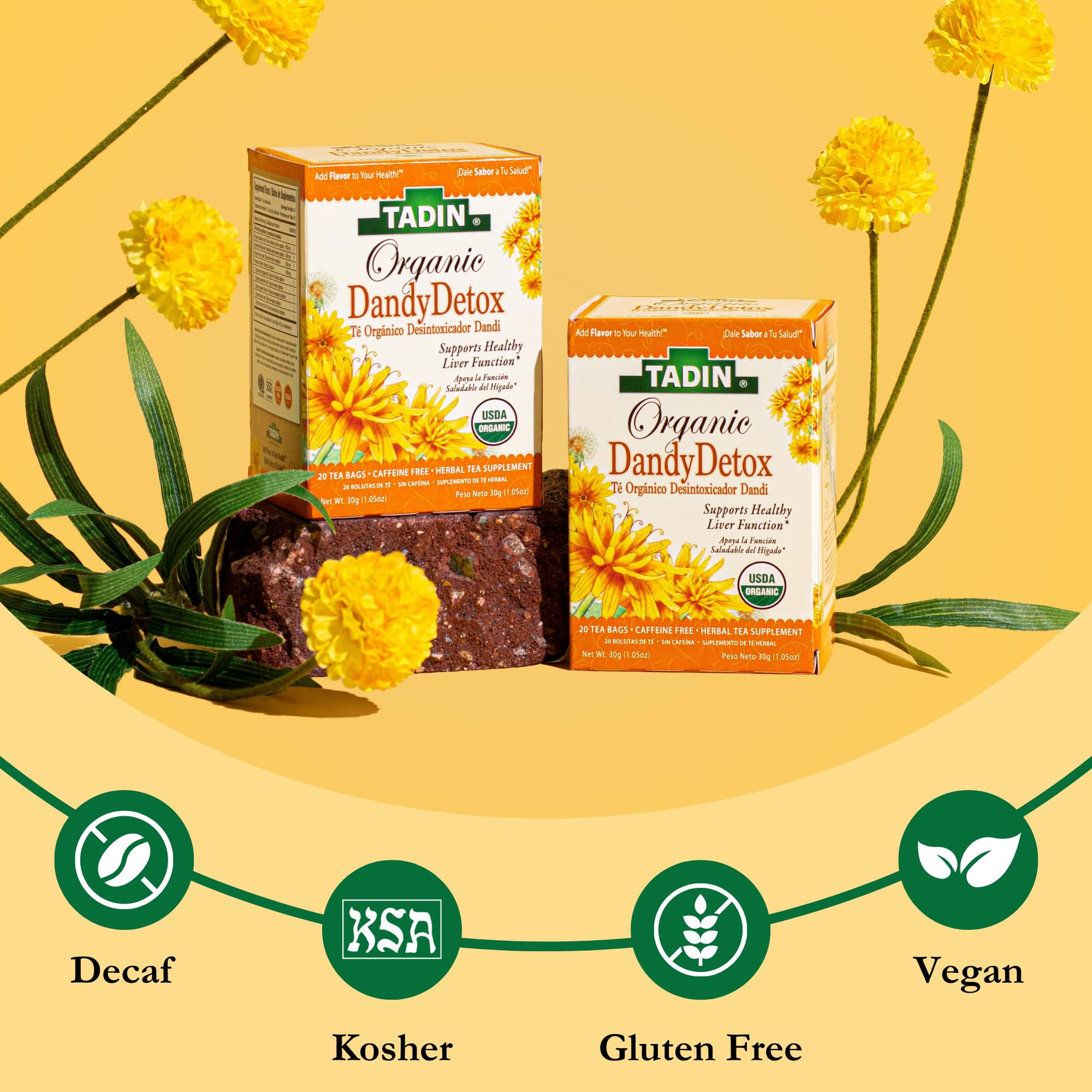 Tadin Organic Dandy Detox Tea with Dandelion Root for Liver Support, Caffeine Free Herbal Tea, 20 Tea Bags Per Box, Pack of 1