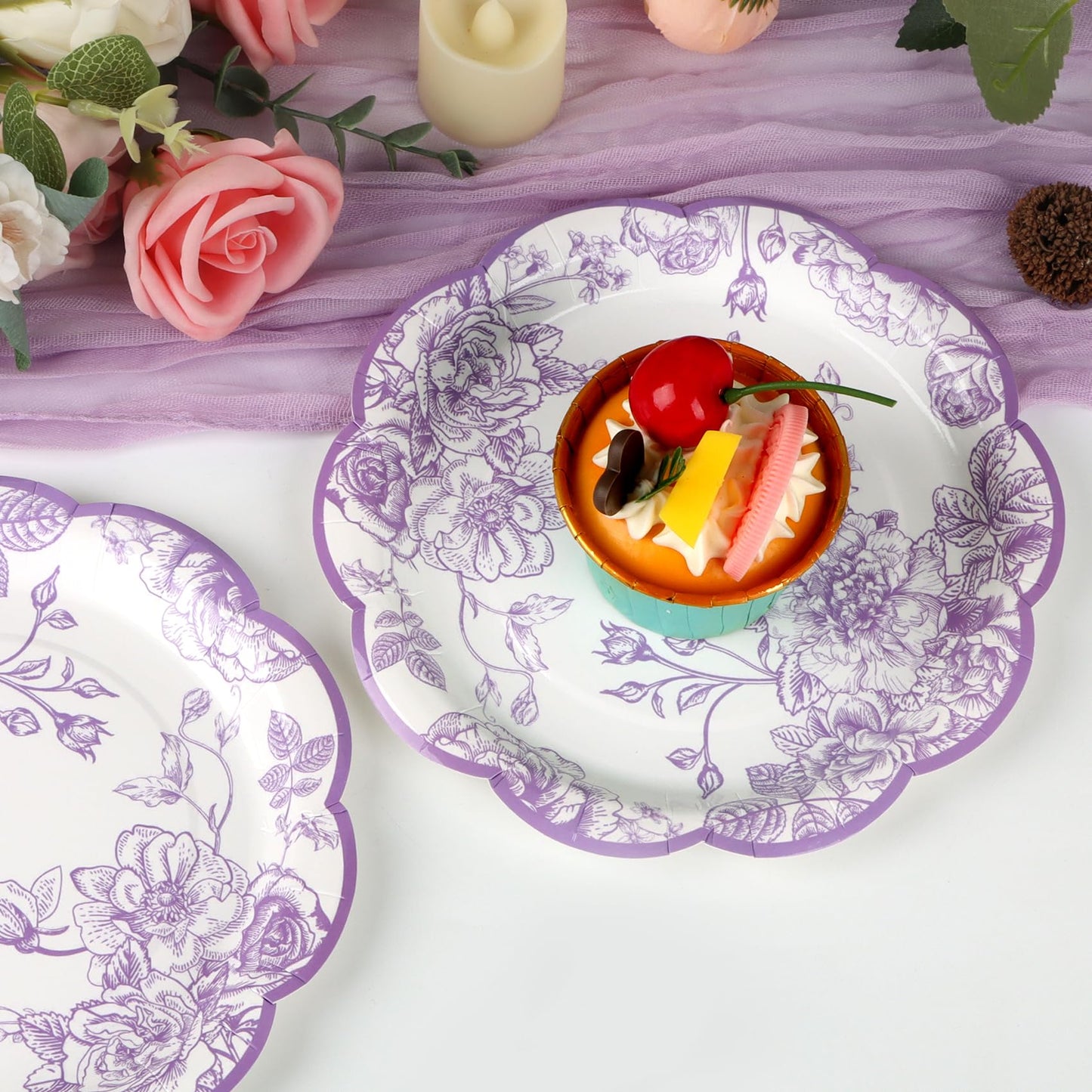 CENLBJ 100 Pcs Lavender Flower Paper Plates,Disposable Floral Party Plates Scalloped Dessert Plate for Wedding Birthday Baby Showers & Special Events