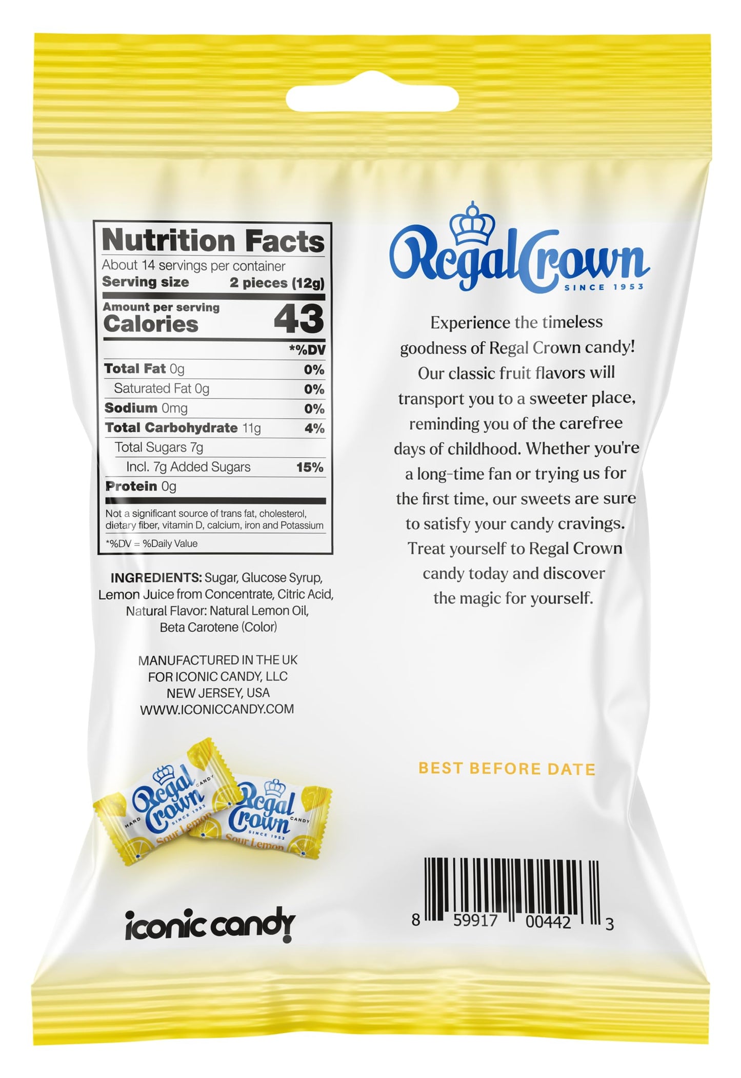 Regal Crown Sour Lemon Hard Candy | Old Fashioned Sour Lemon Candy | Traditional Lemon Candy Brought To You By Iconic Candy | 6.25oz Peg Bag (1)