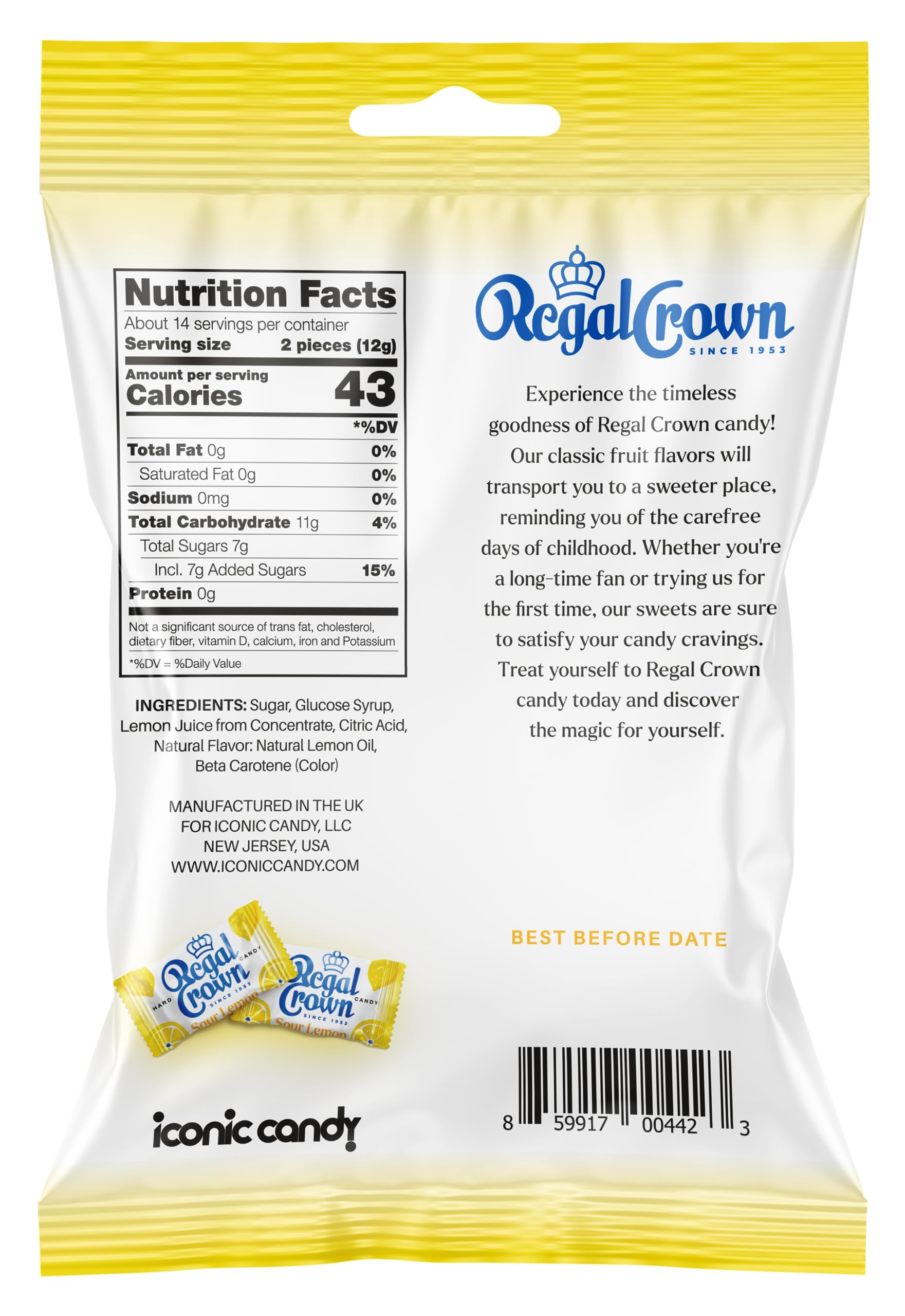 Regal Crown Sour Lemon Hard Candy | Old Fashioned Sour Lemon Candy | Traditional Lemon Candy Brought To You By Iconic Candy | 6.25oz Peg Bag (1)